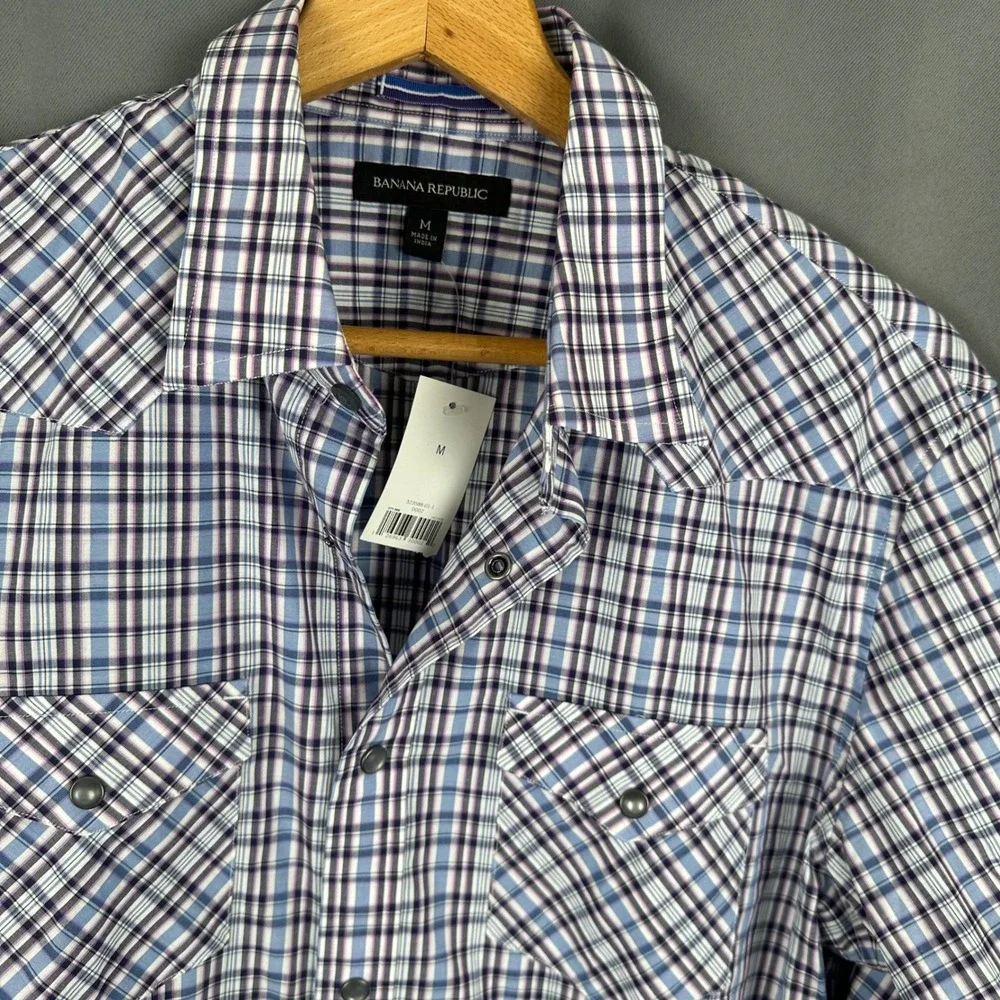 Banana Republic Mens Plaid Western Snap Front Shirt Blue Purple White Size M NWT
